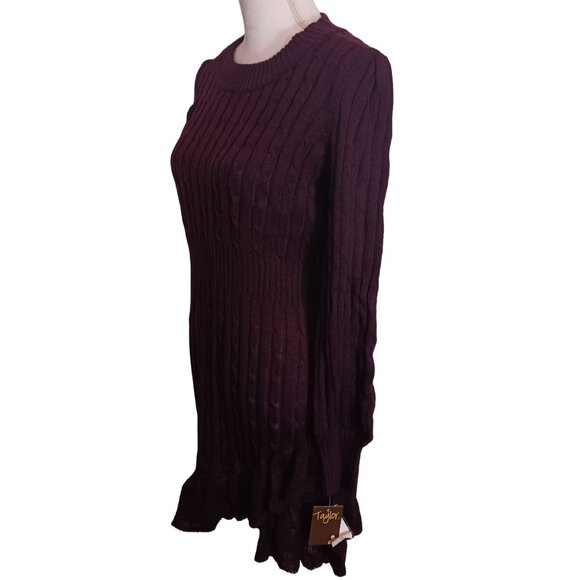 NEW Taylor‎ Petites Cable Knit Ruffled Mini Sweaterdress, Large Petite, Fig - Picture 4 of 14
